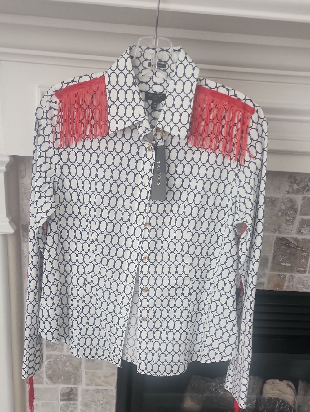 Talbots White Navy Geo-Print Button-Down with Coral Fringe Shoulders